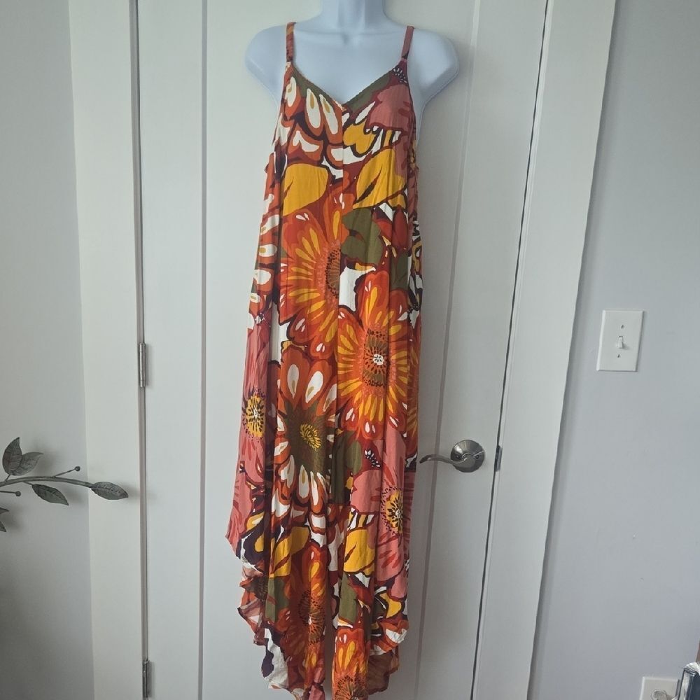 MSK Orange and Brown Floral Asymmetrical High-Low Romper